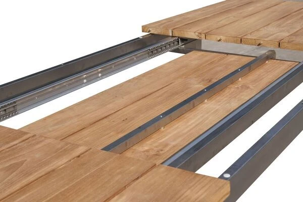 STERN Cardiff Esstischgruppe, Silber/taupe, Edelstahl/FSC-Teak, Tisch 220/340 X 100 Cm, 6 Stapelsessel – Bild 6