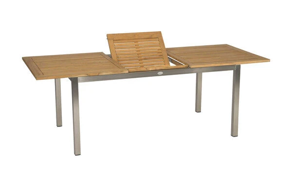 STERN Cardiff Esstischgarnitur, Silber/taupe, Edelstahl/Textilen/FSC-Teakholz, 162/220 X 90 Cm, 6 Stapelsessel, Butterfly-Auszug â Bild 6