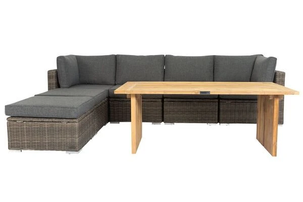 OUTFLEXX Loungegarnitur, Polyrattan/Teakholz, Tisch 160x90cm, Für 6 Personen, Wasserfeste Kissenbox – Bild 7