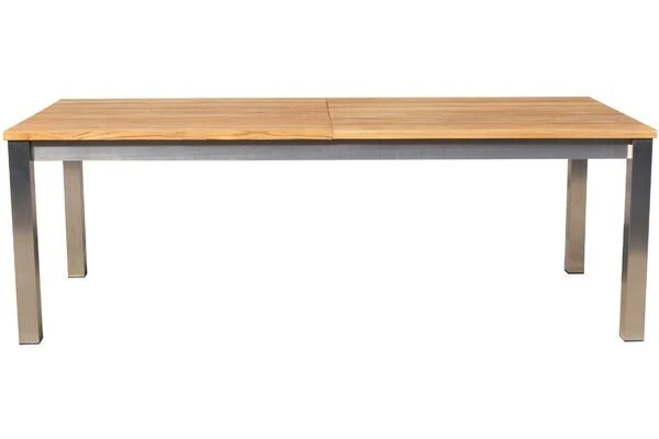 STERN Cardiff Esstischgruppe, Silber/taupe, Edelstahl/FSC-Teak, Tisch 220/340 X 100 Cm, 6 Stapelsessel – Bild 7