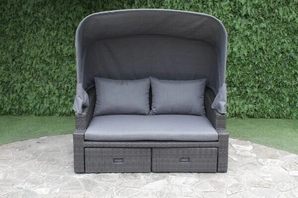 OUTFLEXX Fontana Loungebett, Grau, Polyrattan, Doppel-halbrund, Mit Unterschiebbaren Hockern, Dach Klappbar – Bild 8