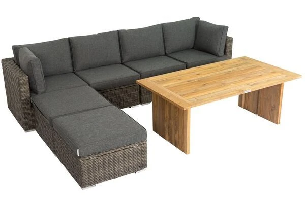 OUTFLEXX Loungegarnitur, Polyrattan/Teakholz, Tisch 160x90cm, Für 6 Personen, Wasserfeste Kissenbox – Bild 8