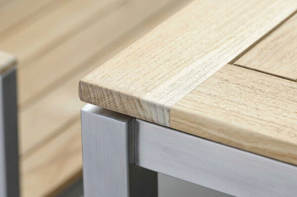 STERN Cardiff Esstischgarnitur, Silber/taupe, Edelstahl/Textilen/FSC-Teakholz, 162/220 X 90 Cm, 6 Stapelsessel, Butterfly-Auszug â Bild 8