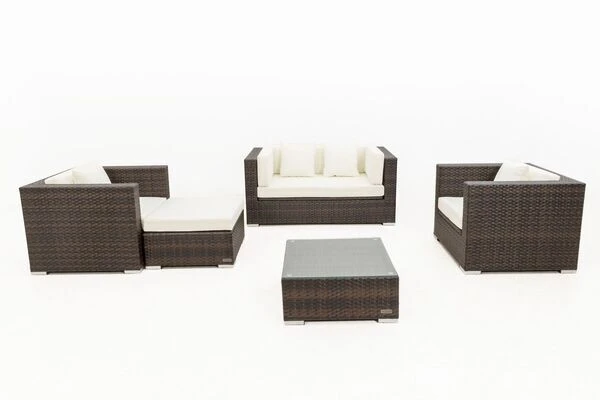 OUTFLEXX Loungemöbel-Set, Polyrattan, Braun Marmoriert, 5 Pers, Wasserfeste Kissenbox, Inkl. Beistelltisch – Bild 9