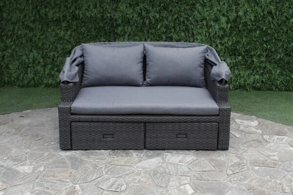 OUTFLEXX Fontana Loungebett, Grau, Polyrattan, Doppel-halbrund, Mit Unterschiebbaren Hockern, Dach Klappbar – Bild 9