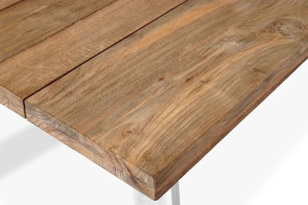 OUTFLEXX Esstischgarnitur, Edelstahl/recyceltes FSC-Teak, Tisch 220x100 Cm, 8 Hochlehner- Diningsessel, A-Gestell – Bild 9