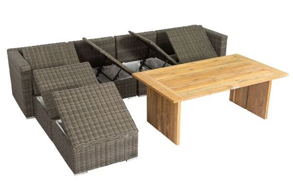 OUTFLEXX Loungegarnitur, Polyrattan/Teakholz, Tisch 160x90cm, Für 6 Personen, Wasserfeste Kissenbox – Bild 9
